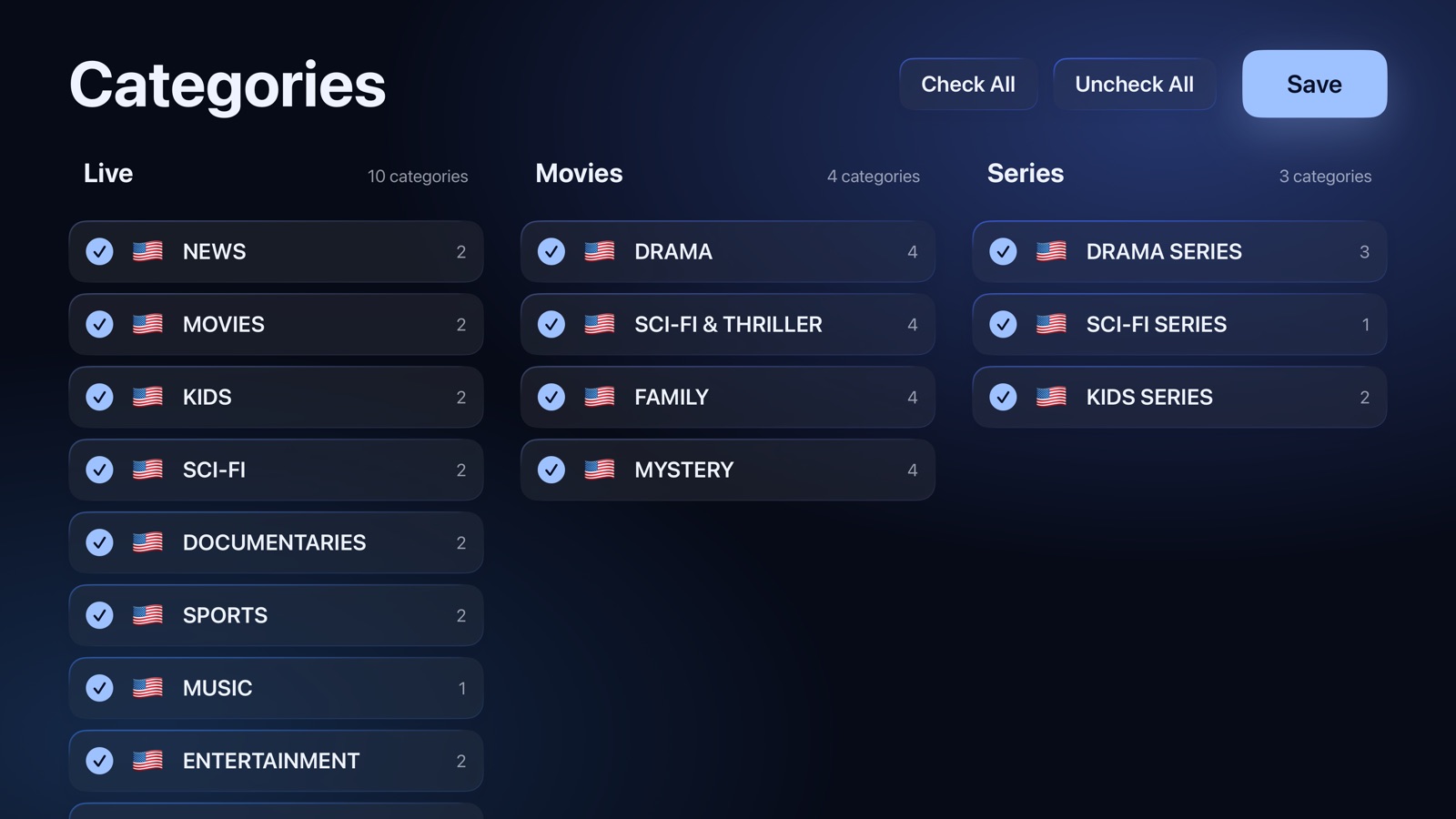 Setup: the live, movie and series categories to keep