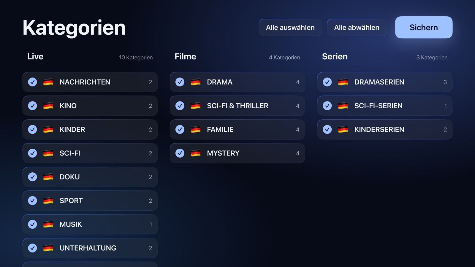 Einrichtung: die Kategorien für Live-TV, Filme und Serien, die behalten werden