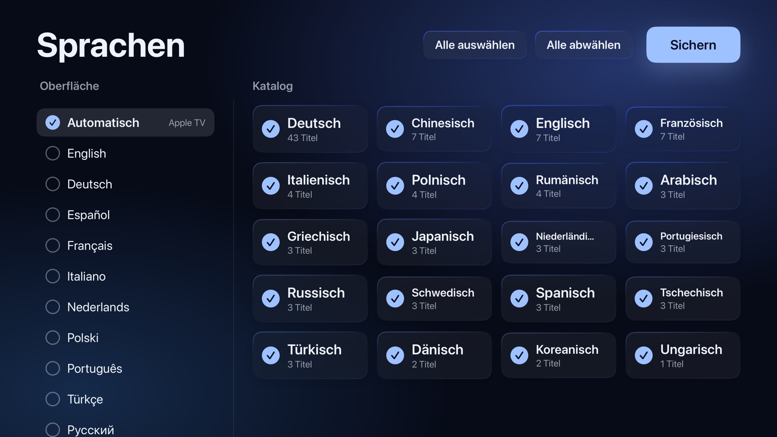 Einrichtung: die Sprache der App und die Katalogsprachen, die behalten werden