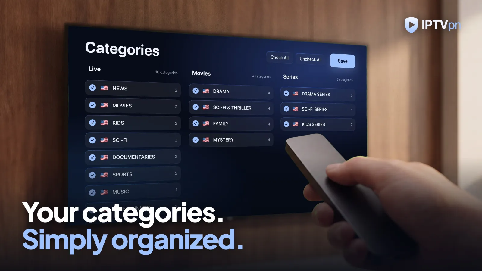 Setup: the live, movie and series categories to keep