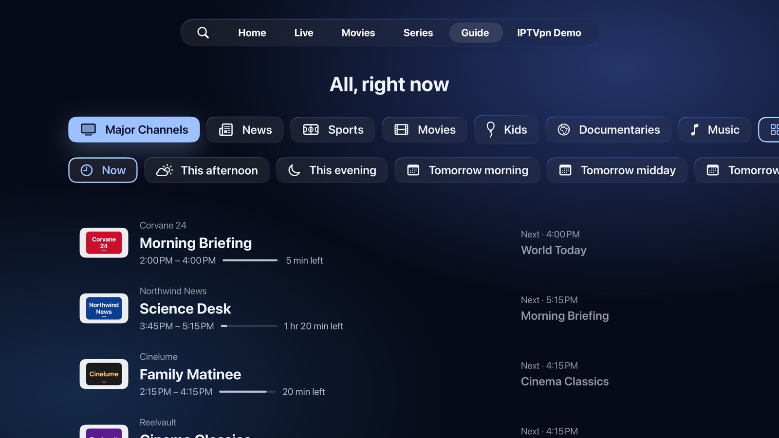 The guide: what is on right now, by type of channel and time of day