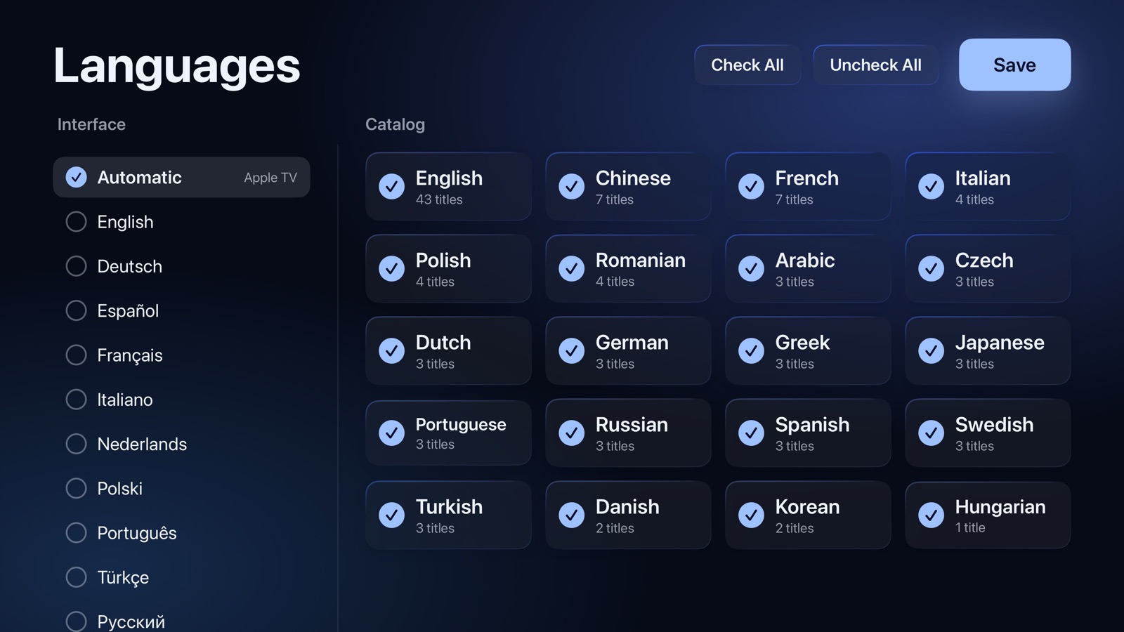 Setup: the app language and the catalog languages to keep