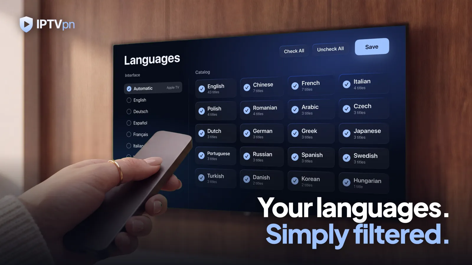 Setup: the app language and the catalog languages to keep