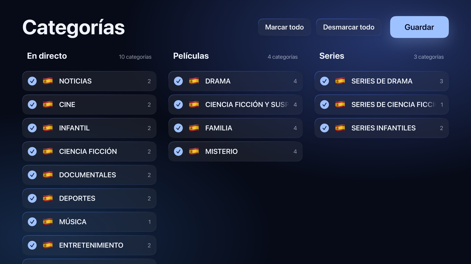 Configuración: las categorías de TV en directo, películas y series que se conservan
