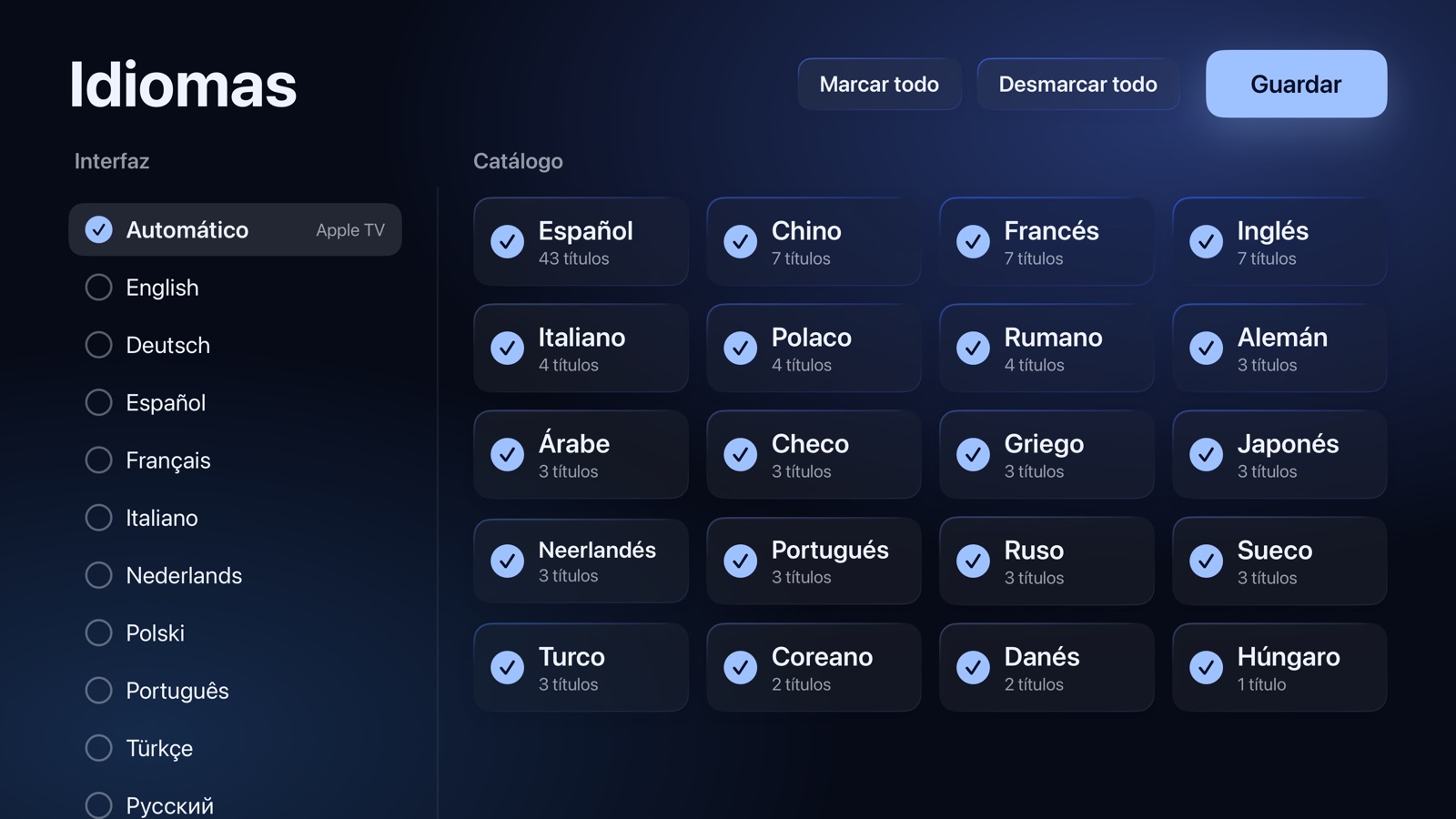 Configuración: el idioma de la app y los idiomas del catálogo que se conservan