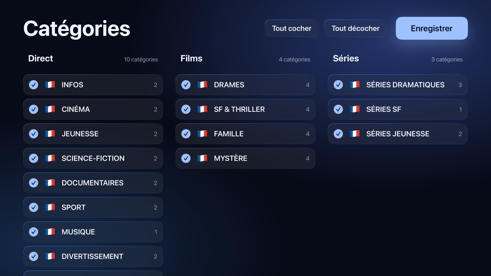 Configuration : les catégories de direct, de films et de séries à garder