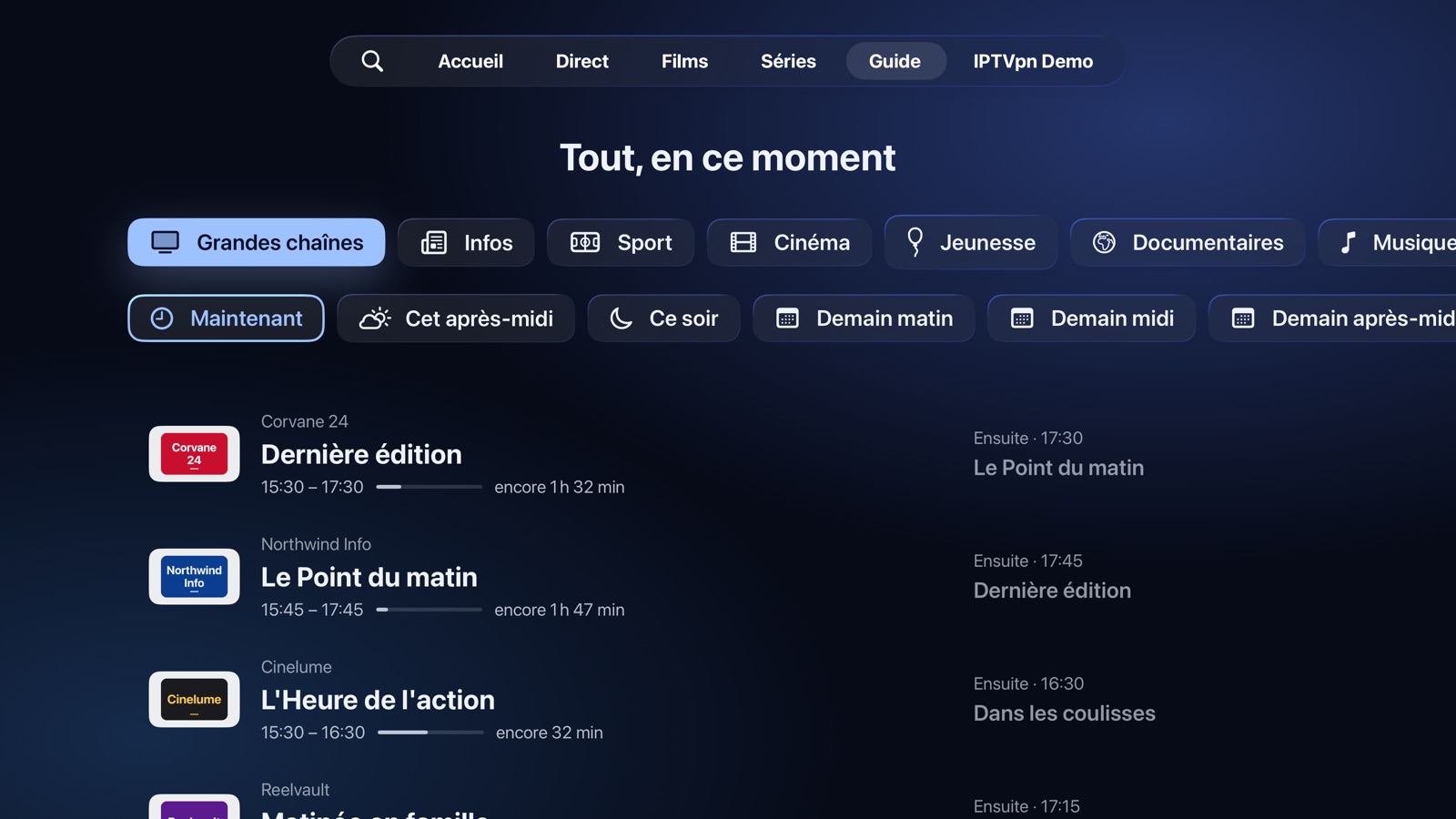 Le guide : ce qui passe en ce moment, par type de chaîne et moment de la journée