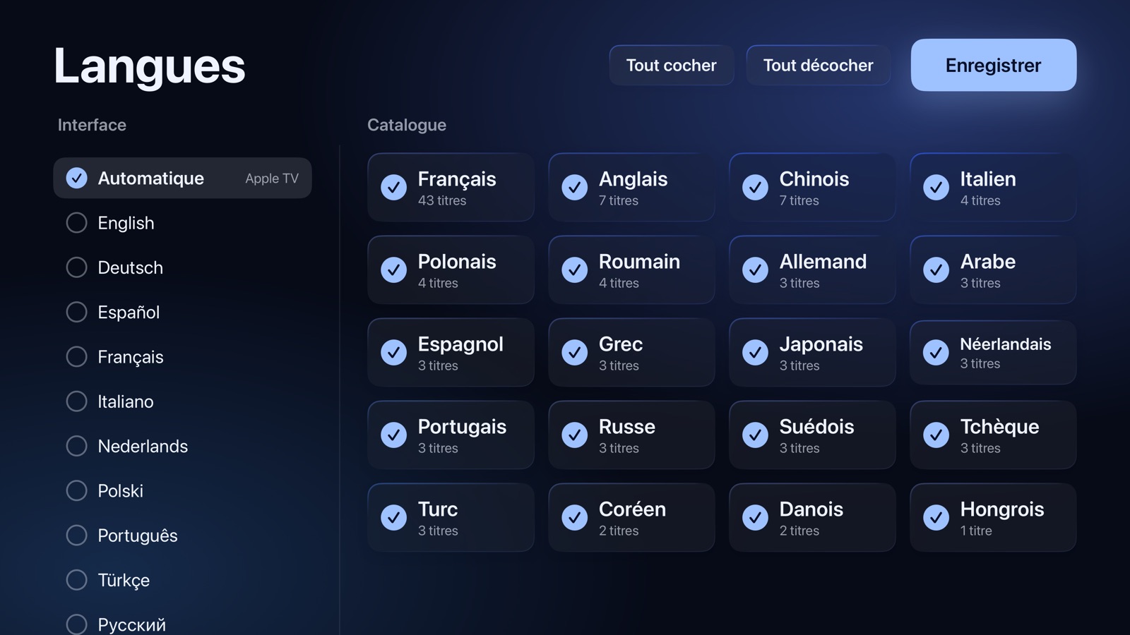 Configuration : la langue de l’app et les langues du catalogue à garder