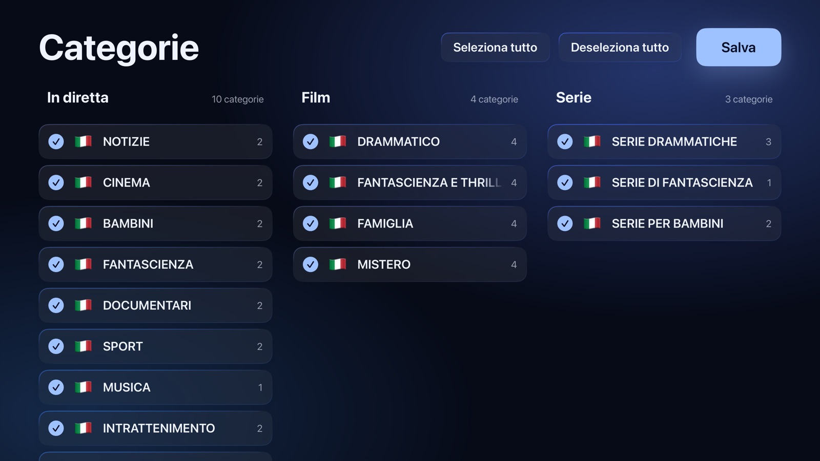 Configurazione: le categorie di TV in diretta, film e serie da tenere