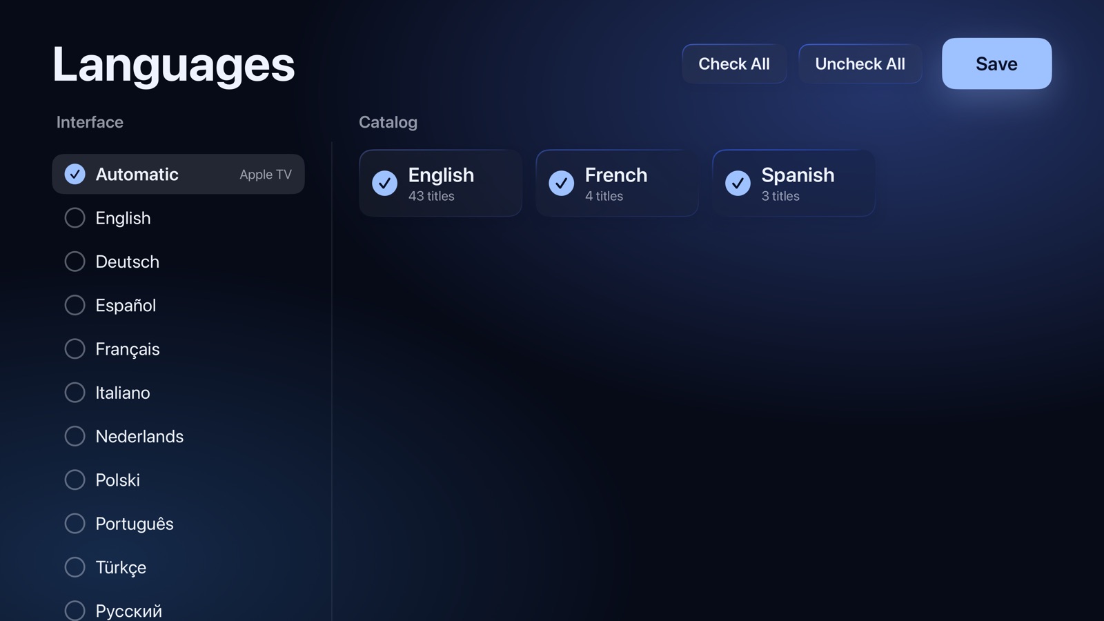 Setup: the app language and the catalog languages to keep