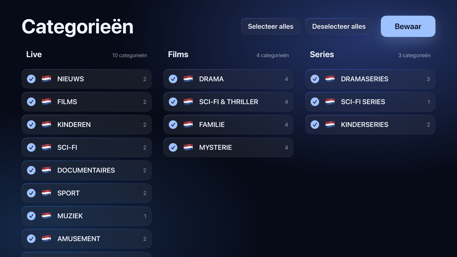 Instellen: de categorieën voor live-tv, films en series die je wilt bewaren