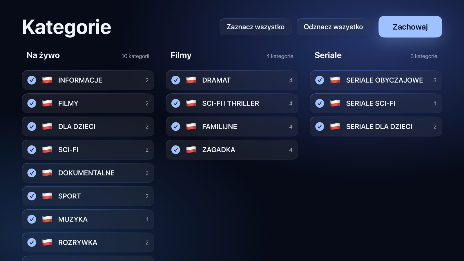 Konfiguracja: kategorie telewizji na żywo, filmów i seriali, które chcesz zachować