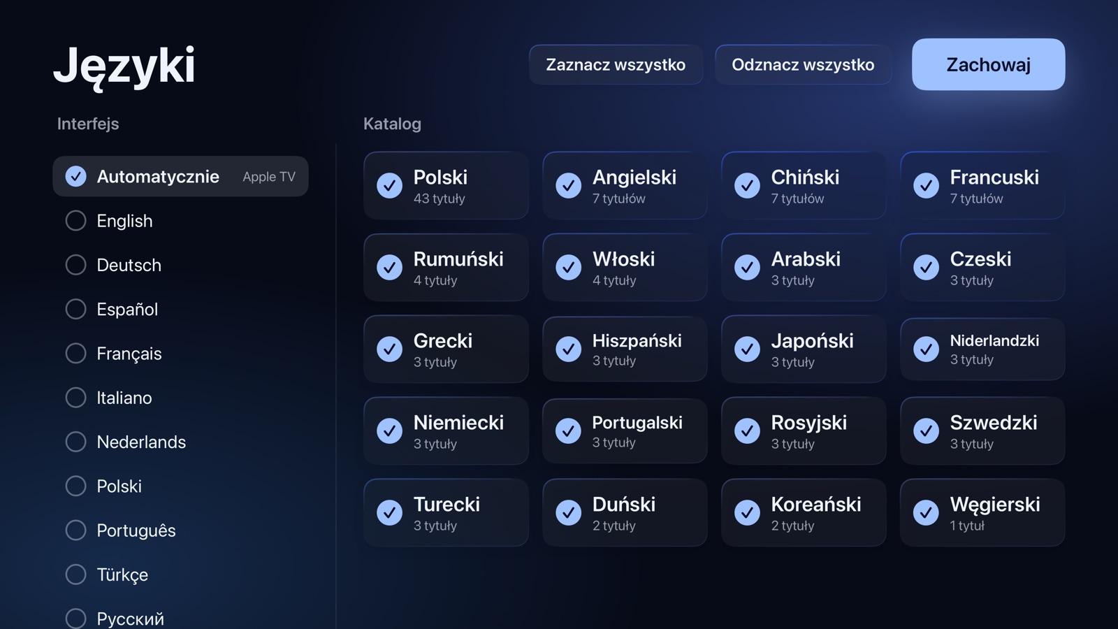 Konfiguracja: język aplikacji i języki katalogu, które chcesz zachować