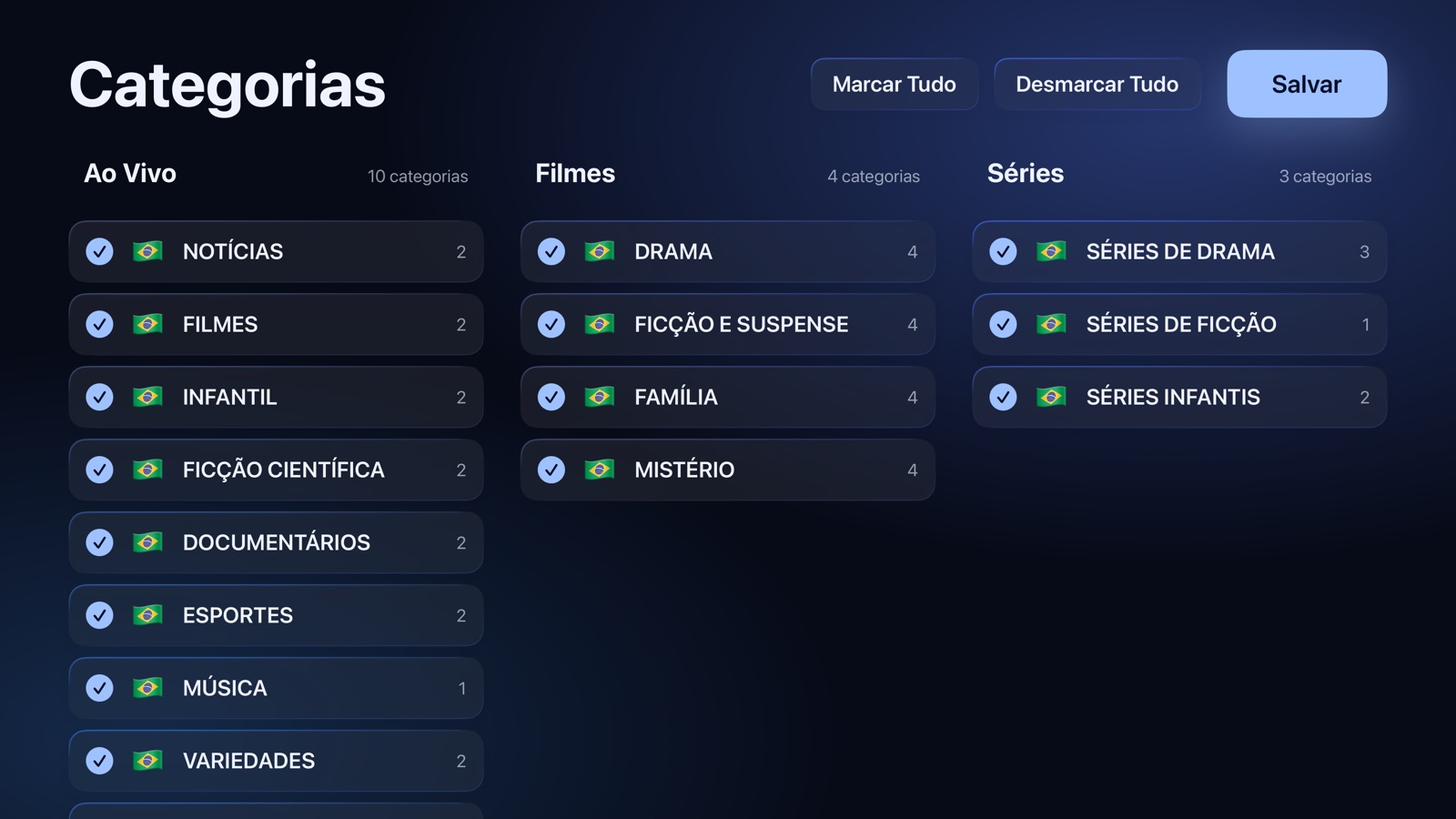 Configuração: as categorias de TV ao vivo, filmes e séries a manter