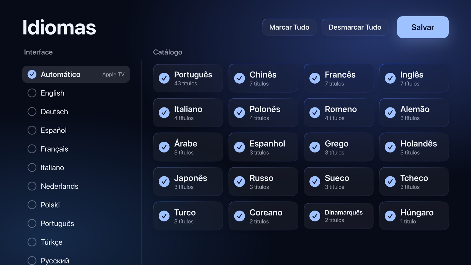 Configuração: o idioma do app e os idiomas do catálogo a manter