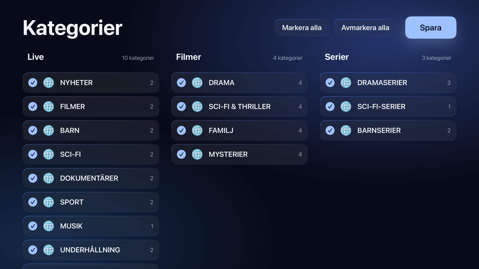 Inställning: de kategorier för live-tv, filmer och serier som ska behållas