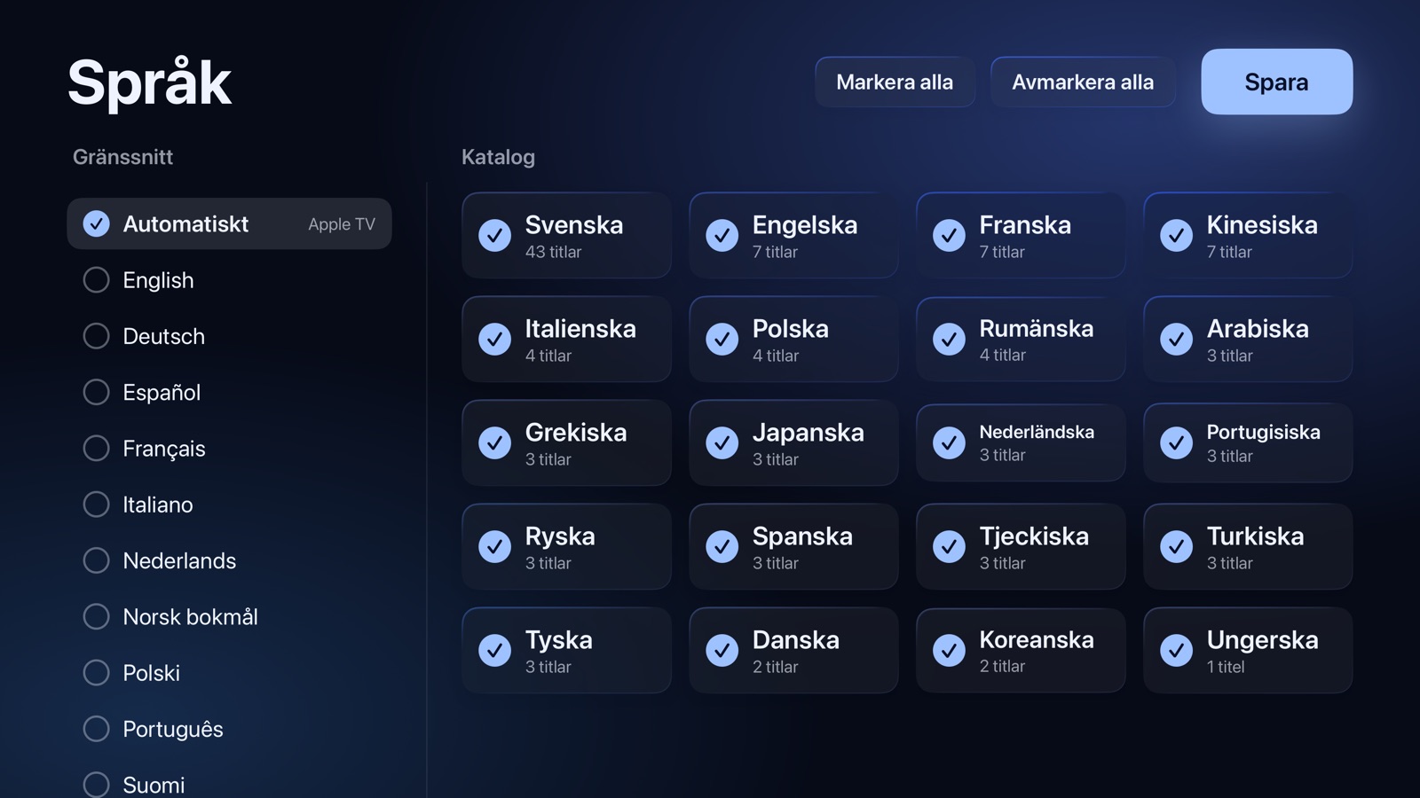 Inställning: appens språk och de katalogspråk som ska behållas
