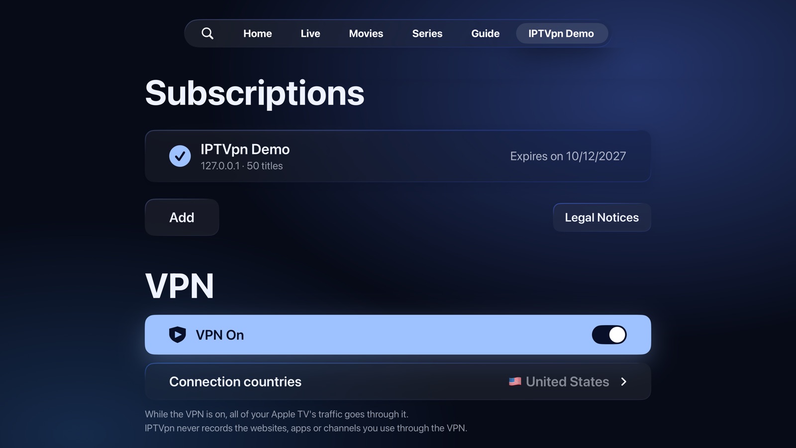Settings: the built-in VPN, on, and its connection country
